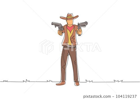 Continuous one line drawing wild west gunslinger holding two guns. American cowboys aiming two pistols in the desert. Weapons for self-defense. Single line draw design vector graphic illustration 104119237