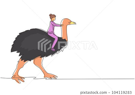 Single one line drawing businesswoman riding ostrich symbol of success. Business metaphor concept, looking at the goal, achievement, leadership. Continuous line draw design graphic vector illustration Single one line drawing businesswoman riding ostrich symbol of success. Business metaphor concept, looking at the goal, achievement, leadership. Continuous line draw design graphic vector illustration 104119283