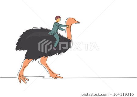 Continuous one line drawing businessman riding ostrich symbol of success. Business metaphor concept, looking at the goal, achievement, leadership. Single line draw design vector graphic illustration 104119310