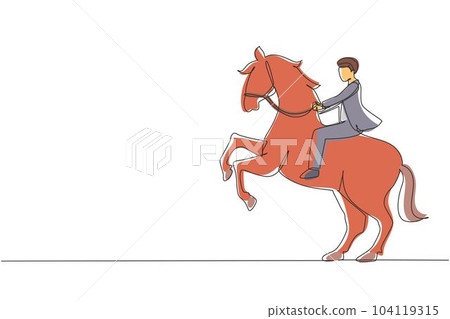 Single continuous line drawing businessman riding horse symbol of success. Business metaphor concept, looking at the goal, achievement, leadership. One line draw graphic design vector illustration 104119315