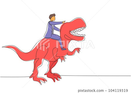 Single continuous line drawing brave businessman riding huge dangerous tyrannosaurus. Professional entrepreneur male character fight with predator. One line draw graphic design vector illustration 104119319
