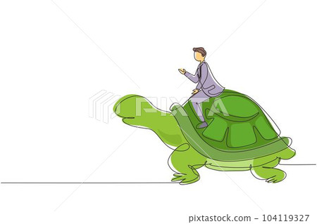 Continuous one line drawing businessman riding huge turtle. Slow movement to success, manager driving giant tortoise. Business competition concept. Single line draw design vector graphic illustration Continuous one line drawing businessman riding huge turtle. Slow movement to success, manager driving giant tortoise. Business competition concept. Single line draw design vector graphic illustration 104119327
