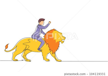 Continuous one line drawing businessman riding lion symbol of success. Business metaphor concept, looking at goal, achievement, leadership. Professional entrepreneur. Single line draw design vector Continuous one line drawing businessman riding lion symbol of success. Business metaphor concept, looking at goal, achievement, leadership. Professional entrepreneur. Single line draw design vector 104119331