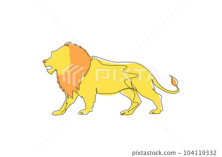 Single continuous line drawing strong lion standing full body, king of the jungle. Strong feline mammal mascot. Dangerous big cat animal logo. Dynamic one line draw graphic design vector illustration Single continuous line drawing strong lion standing full body, king of the jungle. Strong feline mammal mascot. Dangerous big cat animal logo. Dynamic one line draw graphic design vector illustration 104119332