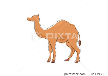 Single one line drawing strong desert Arabic camel for logo. Cute mammal animal concept for livestock husbandry, tourism, transportation. Modern continuous line draw design graphic vector illustration 104119336