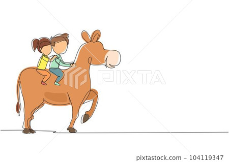 Single continuous line drawing happy cute boy and girl riding donkey together. Children sitting on back donkey with saddle in ranch park. Kids learning to ride donkey. One line draw graphic vector Single continuous line drawing happy cute boy and girl riding donkey together. Children sitting on back donkey with saddle in ranch park. Kids learning to ride donkey. One line draw graphic vector 104119347