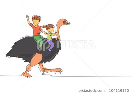Continuous one line drawing happy little boy and girl riding cute ostrich together. Children sitting on back ostrich with holding its neck. Kid learning to ride ostrich. Single line draw design vector Continuous one line drawing happy little boy and girl riding cute ostrich together. Children sitting on back ostrich with holding its neck. Kid learning to ride ostrich. Single line draw design vector 104119350
