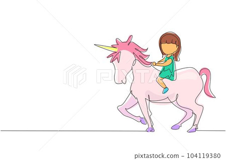 Single continuous line drawing happy cute girl riding cute unicorn. Child sitting on back unicorn in fairy tale dream. Kids learning to ride unicorn. One line draw graphic design vector illustration Single continuous line drawing happy cute girl riding cute unicorn. Child sitting on back unicorn in fairy tale dream. Kids learning to ride unicorn. One line draw graphic design vector illustration 104119380