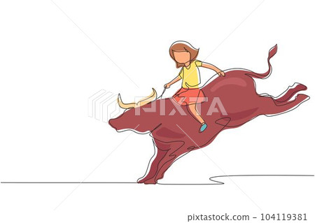 Continuous one line drawing happy cute kid girl riding bull. Child sitting on back bull with saddle in cowboy ranch. Kids learning to ride bull. Single line draw design vector graphic illustration Continuous one line drawing happy cute kid girl riding bull. Child sitting on back bull with saddle in cowboy ranch. Kids learning to ride bull. Single line draw design vector graphic illustration 104119381
