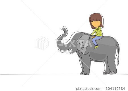Single one line drawing happy little girl riding elephant. Child sitting on back elephant and travelling. Kids learning to ride elephant. Modern continuous line draw design graphic vector illustration Single one line drawing happy little girl riding elephant. Child sitting on back elephant and travelling. Kids learning to ride elephant. Modern continuous line draw design graphic vector illustration 104119384