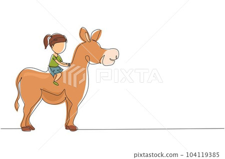 Single one line drawing happy cute girl riding cute donkey. Child sitting on back donkey with saddle in ranch park. Kid learning to ride donkey. Continuous line draw design graphic vector illustration Single one line drawing happy cute girl riding cute donkey. Child sitting on back donkey with saddle in ranch park. Kid learning to ride donkey. Continuous line draw design graphic vector illustration 104119385