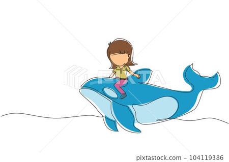 Single continuous line drawing little girl riding orca. Young kid sitting on back whale killer in swimming pool. Whale killer or orca in water. Dynamic one line draw graphic design vector illustration Single continuous line drawing little girl riding orca. Young kid sitting on back whale killer in swimming pool. Whale killer or orca in water. Dynamic one line draw graphic design vector illustration 104119386