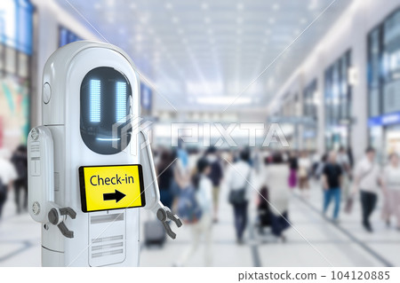 Assistant robot with digital screen for check-in at airport Assistant robot with digital screen for check-in at airport 104120885