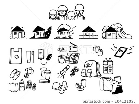 Handwritten illustration set of evacuation supplies to prepare for disaster 104121053