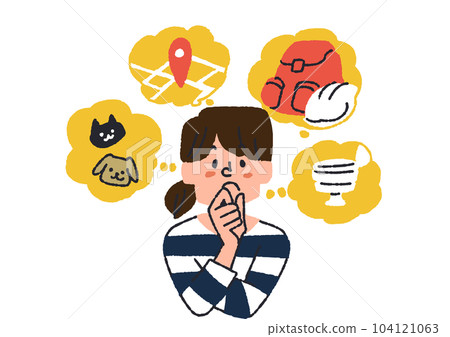 A woman thinking about disaster preparedness, where to escape, and what to do with her pet A woman thinking about disaster preparedness, where to escape, and what to do with her pet 104121063