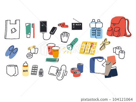 Handwritten illustration set of evacuation supplies to prepare for disaster 104121064