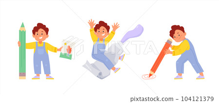 Children art and design school concept. Artist boy is drawing doodles 104121379