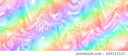 Rainbow background with waves of fluid. Abstract pastel gradient wallpaper with bright vibrant colors and stars. Vector unicorn holographic backdrop. 104121521