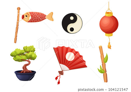 Set Japan traditional lantern with gold tassel, asian hand fan, paper koinobori fish, bonsai tree in cartoon style isolated on white background.  104121547