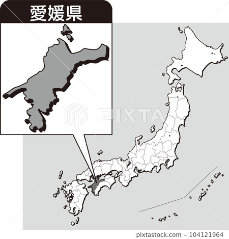 日本地圖插圖，顯示愛媛郡的位置 | 縣級地圖、區域地圖、教育資料（黑白） 104121964
