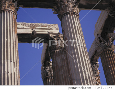 Athens Temple of Zeus Corinthian colonnade and blue sky 104122267