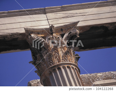 Corinthian capitals and blue sky of the Temple of Zeus in Athens Corinthian capitals and blue sky of the Temple of Zeus in Athens 104122268