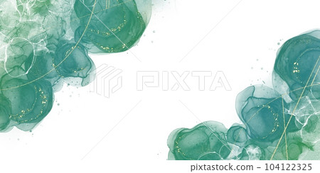 Alcohol ink art abstract horizontal white background template. Green fluid and gold geometric pattern　 104122325