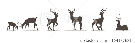 Set of deer silhouettes. Wild animals with antlers on white background. Vector flat illustration Set of deer silhouettes. Wild animals with antlers on white background. Vector flat illustration 104122621