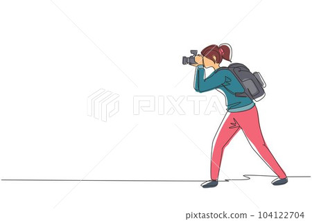 Single continuous line drawing woman journalist or reporter with backpack making pictures. Photographers of paparazzi taking photo with digital cameras dslr. One line draw design vector illustration Single continuous line drawing woman journalist or reporter with backpack making pictures. Photographers of paparazzi taking photo with digital cameras dslr. One line draw design vector illustration 104122704