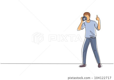 Single continuous line drawing photographer standing, thumbs up gesture, holding photo camera and photographing. Creative profession or occupation. One line draw graphic design vector illustration Single continuous line drawing photographer standing, thumbs up gesture, holding photo camera and photographing. Creative profession or occupation. One line draw graphic design vector illustration 104122717