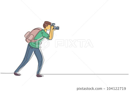 Single one line drawing journalist or reporter with backpack making pictures. Photographers of paparazzi taking photo with digital cameras dslr. Continuous line draw design graphic vector illustration Single one line drawing journalist or reporter with backpack making pictures. Photographers of paparazzi taking photo with digital cameras dslr. Continuous line draw design graphic vector illustration 104122719