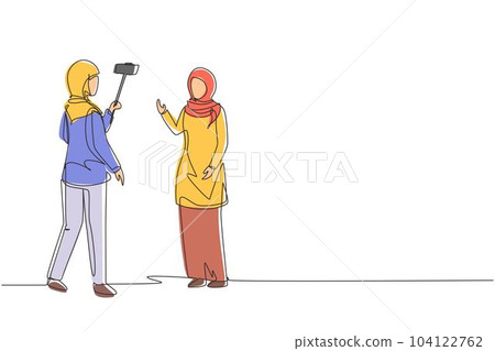 Continuous one line drawing professional shooting team record video interview for vlog with smartphone, monopod stick. Arab woman journalist as news anchor. Single line draw design vector illustration Continuous one line drawing professional shooting team record video interview for vlog with smartphone, monopod stick. Arab woman journalist as news anchor. Single line draw design vector illustration 104122762