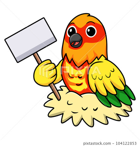 Cute yellow and green parrot lovebird cartoon holding blank sign Cute yellow and green parrot lovebird cartoon holding blank sign 104122853