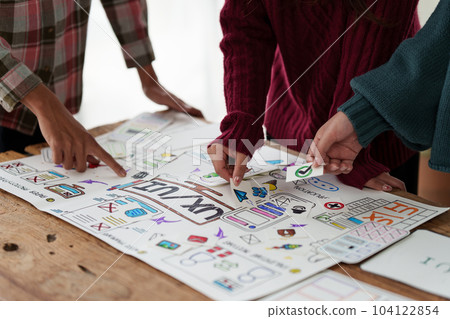 Close up ux developer and ui designer brainstorming interface wireframe design.Creative digital development agency Close up ux developer and ui designer brainstorming interface wireframe design.Creative digital development agency 104122854