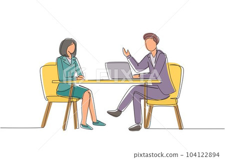 Continuous one line drawing interview. Live stream, tv show camera crew. Journalist talking to guest. Broadcaster news at tv studio, vlogging. Single line draw design vector graphic illustration 104122894