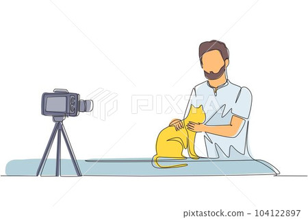 Continuous one line drawing teenage pet blogger. Arabian teen boy with cat recording video on camera. Hobbies and leisure, blogging about pet, animal lover. Single line draw design vector illustration 104122897