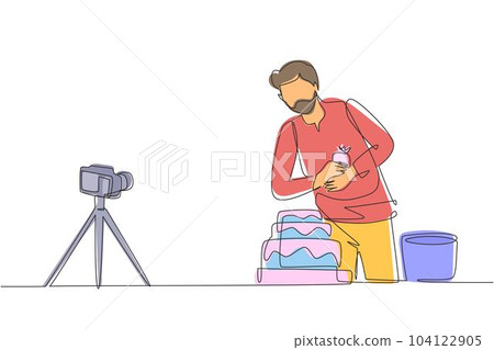 Single one line drawing food blogger creating content. Arab man shooting cooking video using camera on tripod. Chef baking, decorating cake at kitchen. Continuous line draw design vector illustrating Single one line drawing food blogger creating content. Arab man shooting cooking video using camera on tripod. Chef baking, decorating cake at kitchen. Continuous line draw design vector illustrating 104122905