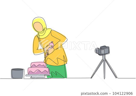 Single continuous line drawing Arab girl baking, decorating cake at kitchen. Woman blogger recording video on camera, using tripod, posting it on social media. One line draw design vector illustration Single continuous line drawing Arab girl baking, decorating cake at kitchen. Woman blogger recording video on camera, using tripod, posting it on social media. One line draw design vector illustration 104122906