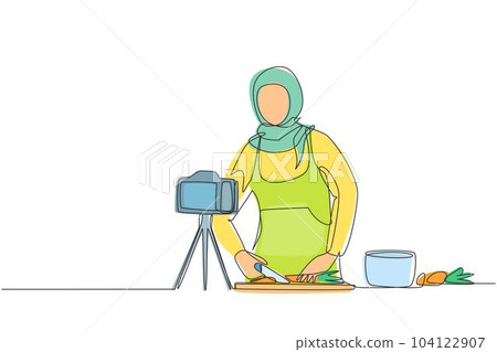 Continuous one line drawing food blogger. Chef cooking, recording video using camera. Online channel, streaming. Arab woman teaches cooking new recipe. Culinary show. Single line draw design vector 104122907