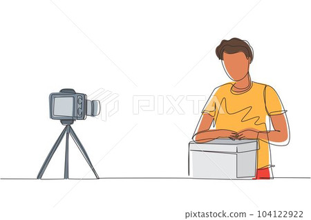 Single continuous line drawing male vlogger unbox and review product live on youtube in studio. Social media influencer recording unboxing video at home. One line draw design vector illustration 104122922