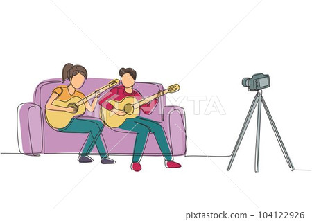 Single continuous line drawing couple vlog influencer performing music show to streaming internet online audience listening at home. Man woman playing guitar and sing song. One line draw design vector 104122926