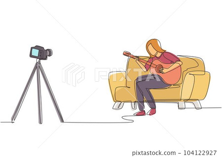 Single continuous line drawing woman blogger recording and live steam playing guitar on social media. Concept of guitarist online lesson while stay at home. One line draw design vector illustration 104122927