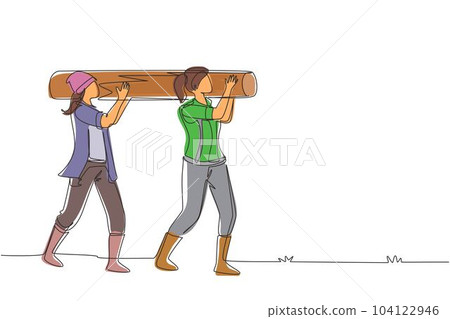 Single one line drawing couple of woman lumberjack laborers carrying heavy wooden log on shoulders. Female woodcutters working in wood logging industry. Continuous line draw design vector illustration 104122946