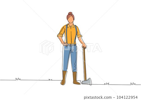 Single one line drawing woman lumberjack with axe standing wearing suspender shirt, jeans and boots. Female woodcutter pose on logging forest. Continuous line draw design graphic vector illustration 104122954