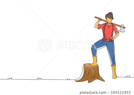 Single one line drawing pretty woman lumberjack wearing shirt, jeans, boots. Holding on her shoulder a ax posing with one foot on a tree stump. Continuous line draw design graphic vector illustration 104122955