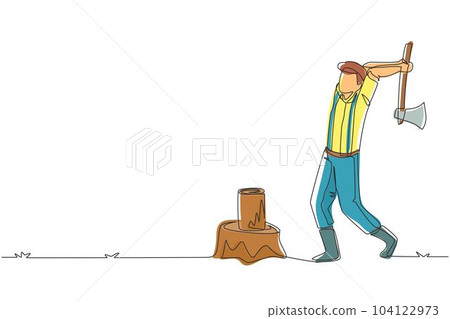 Continuous one line drawing woodcutter or lumberjack chopping wood with axe. Wearing shirt, jeans and boots. Man with ax in his hands cuts tree. Single line draw design vector graphic illustration 104122973