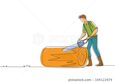 Single one line drawing wood industry worker with chainsaw working. Man logger sawing log in forest. Lumberjack cut timberwood, woodcutter occupation. Continuous line draw design vector illustration Single one line drawing wood industry worker with chainsaw working. Man logger sawing log in forest. Lumberjack cut timberwood, woodcutter occupation. Continuous line draw design vector illustration 104122974
