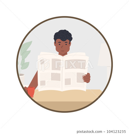 Avatar of a young African American guy who reads a newspaper at the table, reading the press vector illustration. 104123235