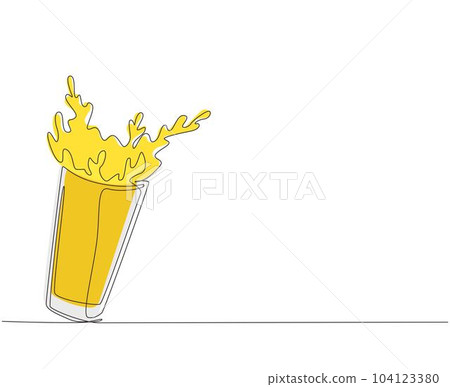 Continuous one line drawing glass of spilling juice with splash. Glass of splashing fresh orange juice. Splash refreshment orange juice from glass. Single line draw design vector graphic illustration Continuous one line drawing glass of spilling juice with splash. Glass of splashing fresh orange juice. Splash refreshment orange juice from glass. Single line draw design vector graphic illustration 104123380