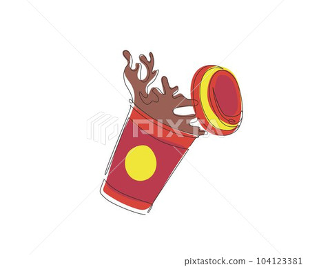 Single one line drawing falling disposable paper cup with coffee splash. Splash of coffee in paper cup. Hot coffee paper cup of spilling coffee creating splash. Continuous line draw design vector Single one line drawing falling disposable paper cup with coffee splash. Splash of coffee in paper cup. Hot coffee paper cup of spilling coffee creating splash. Continuous line draw design vector 104123381